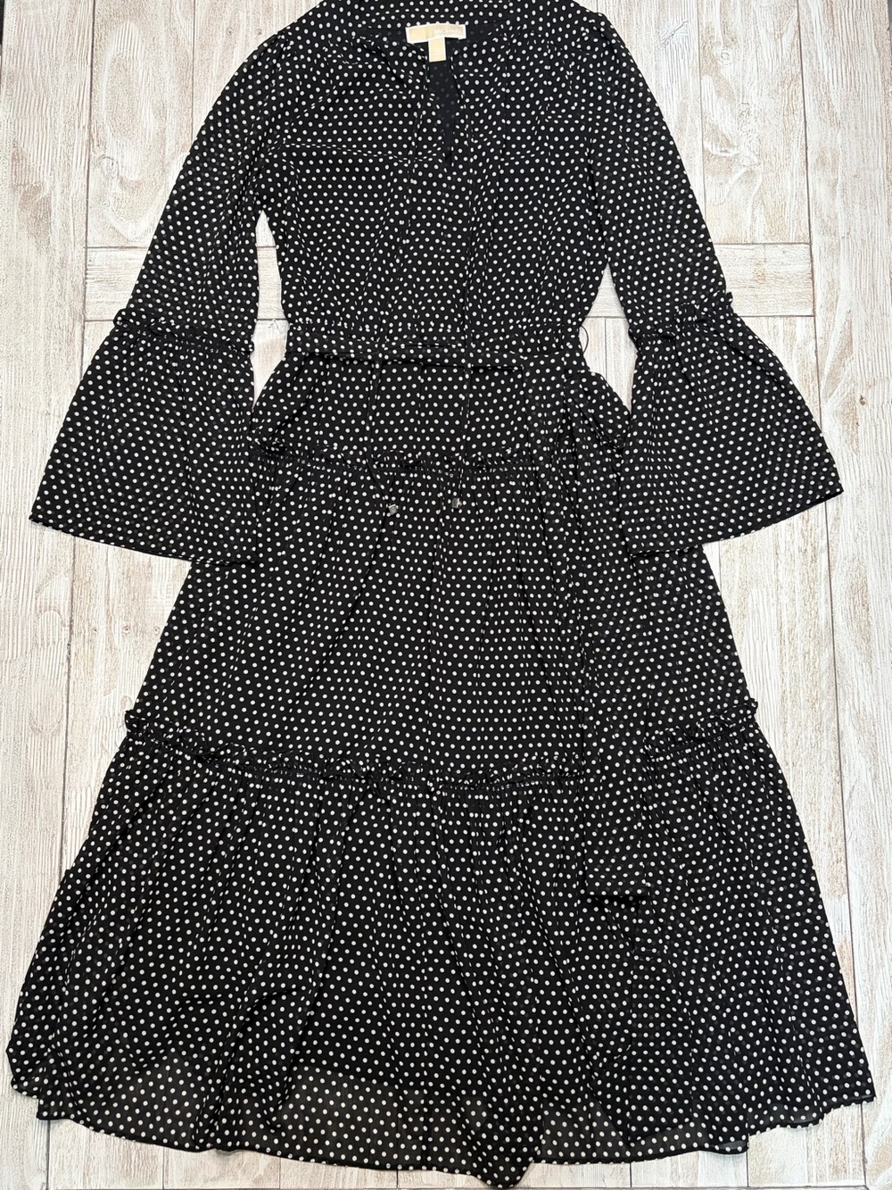 MICHAEL Michael Kors Black and White Polka Dot Tiered Midi Dress